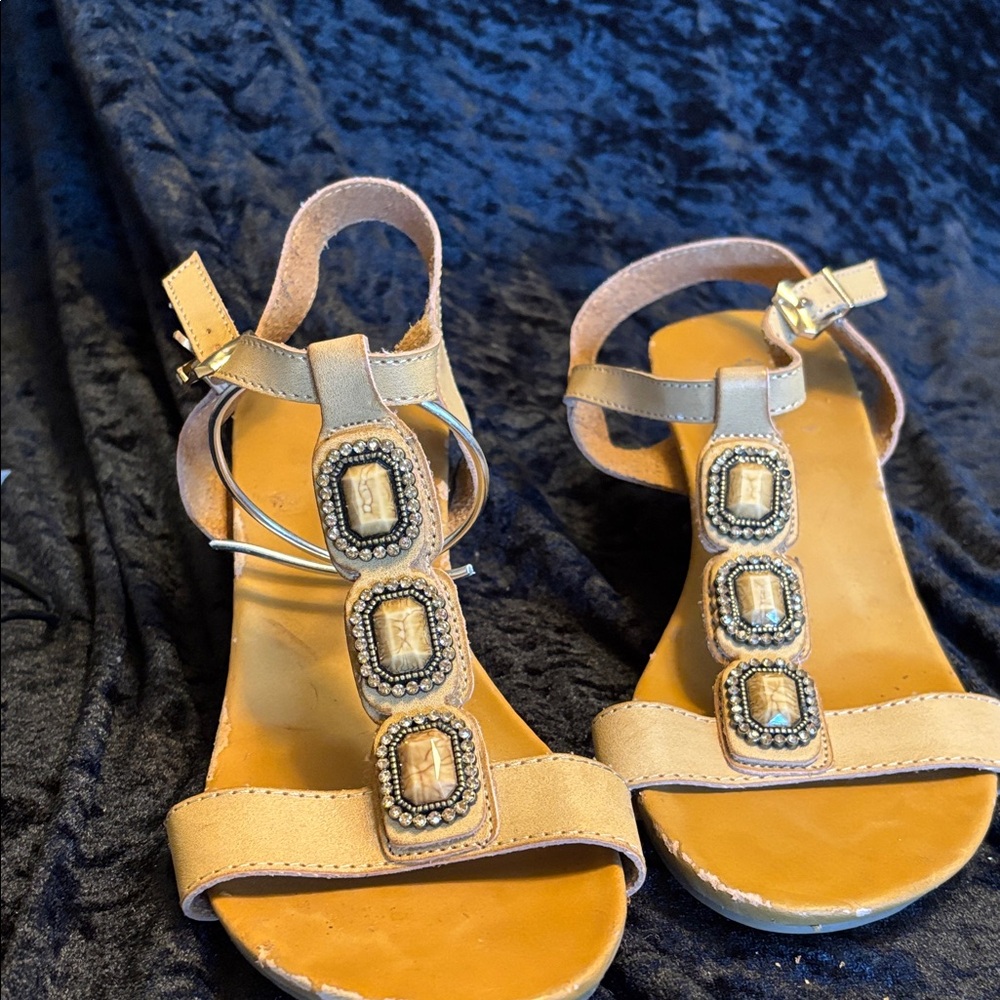 Embellished Tan T-Strap Women's Sandals with Buckle